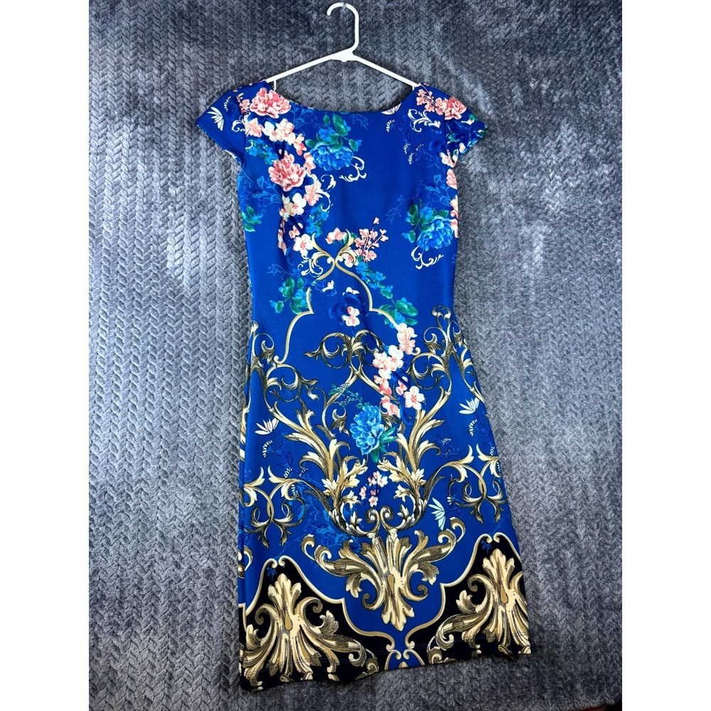 New York & Company Blue Floral Bodycon Dress Womens Small Cap Sleeve Knee Length